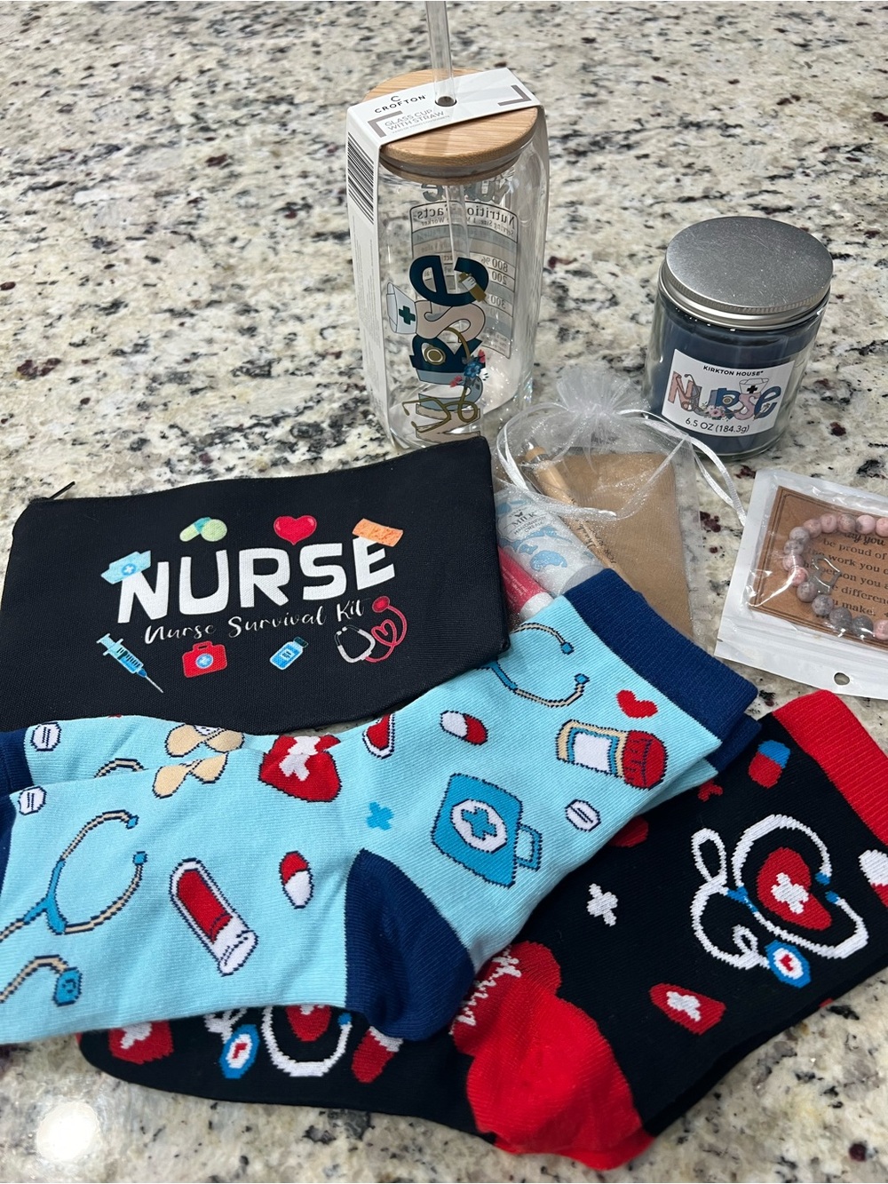Nurse gift set, Nurse Novelty Crew Socks - Blue & Black Medical Print